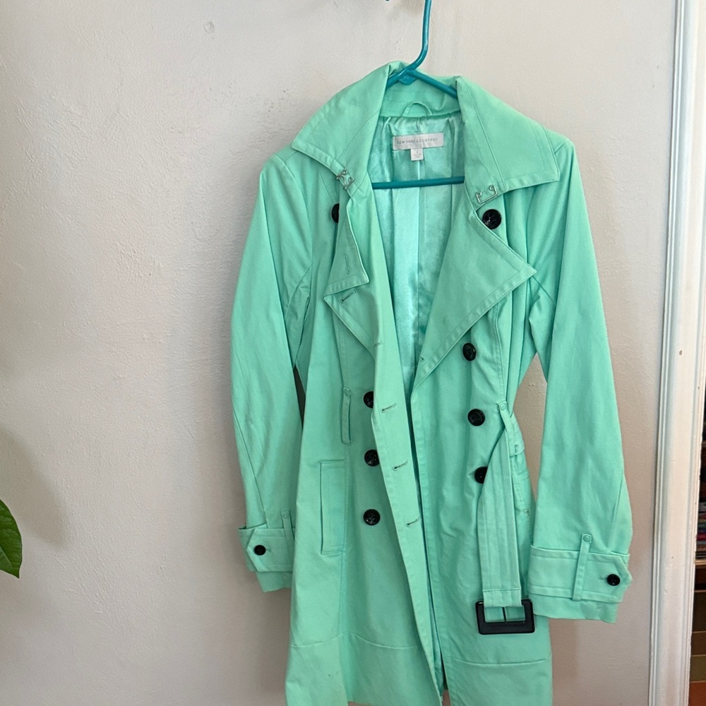 New York & Company Light Green Trench Coat